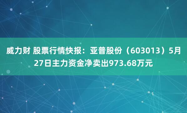威力财 股票行情快报：亚普股份（603013）5月27日主力资金净卖出973.68万元